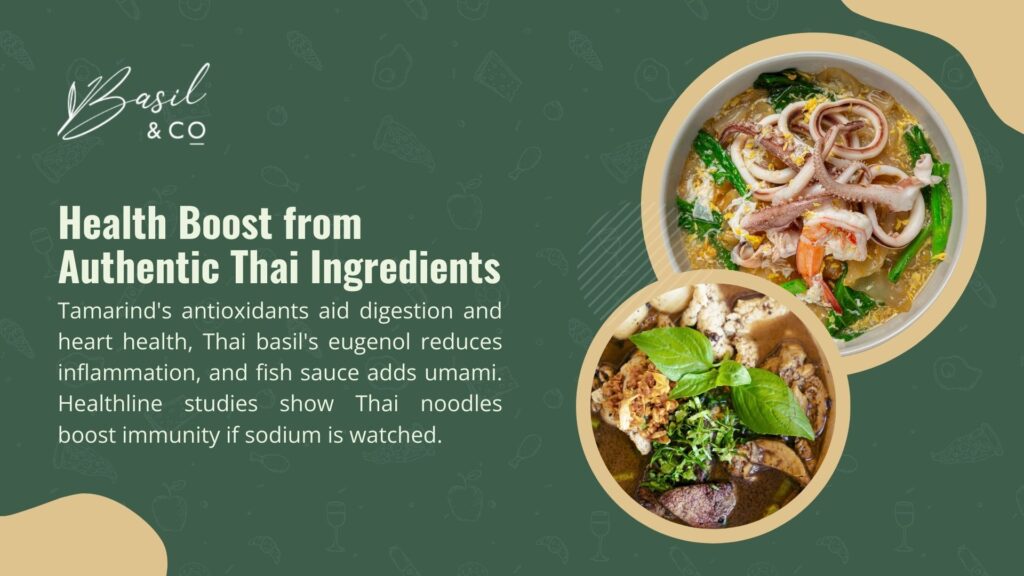 An image highlighting health benefits of authentic Thai ingredients, featuring Thai noodle dishes with tamarind, Thai basil, and fish sauce, known for antioxidants, digestion, and immunity boosts.
Thai Noodle Dishes That Actually Taste Like Thailand!