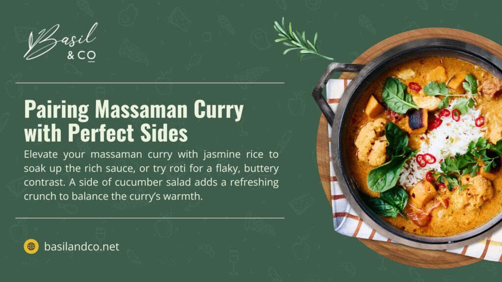 A bowl of Massaman curry with rice, vegetables, and spices, with text from Basil & Co suggesting jasmine rice, roti, or cucumber salad as perfect sides to enhance the dish.