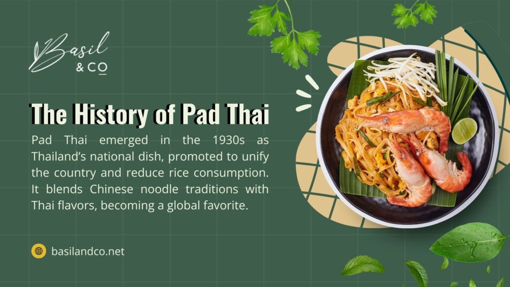 A plate of Pad Thai with shrimp and lime, surrounded by text about its 1930s origin as Thailand's national dish, highlighting Pad Thai.