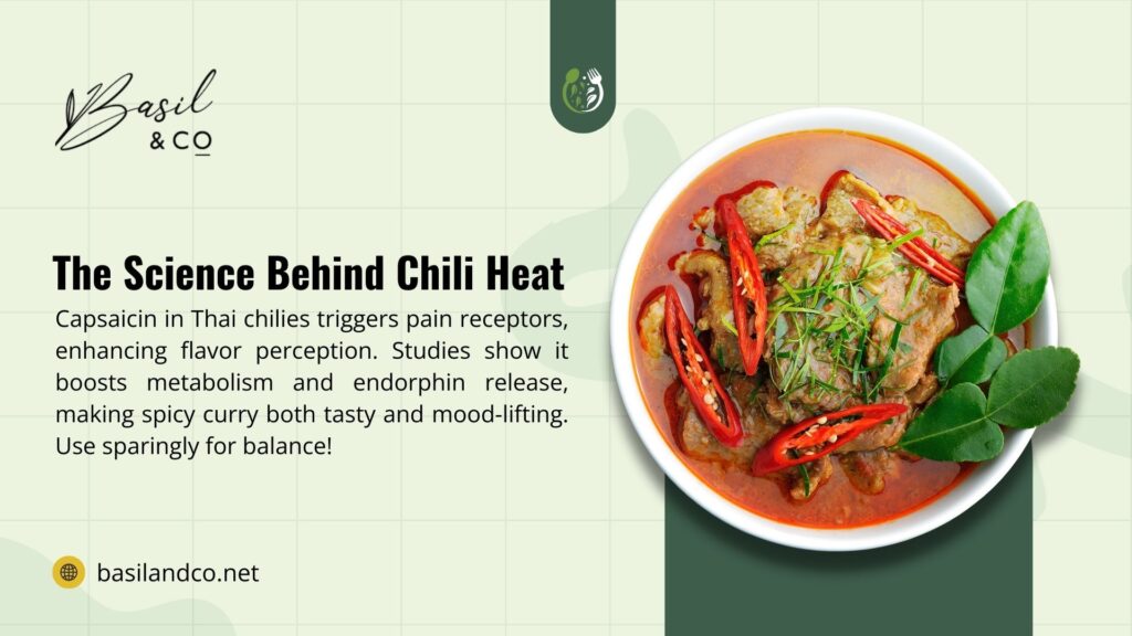 A bowl of spicy curry with chili and kaffir lime leaves, with text on capsaicin's effects, highlighting the spicy curry.
