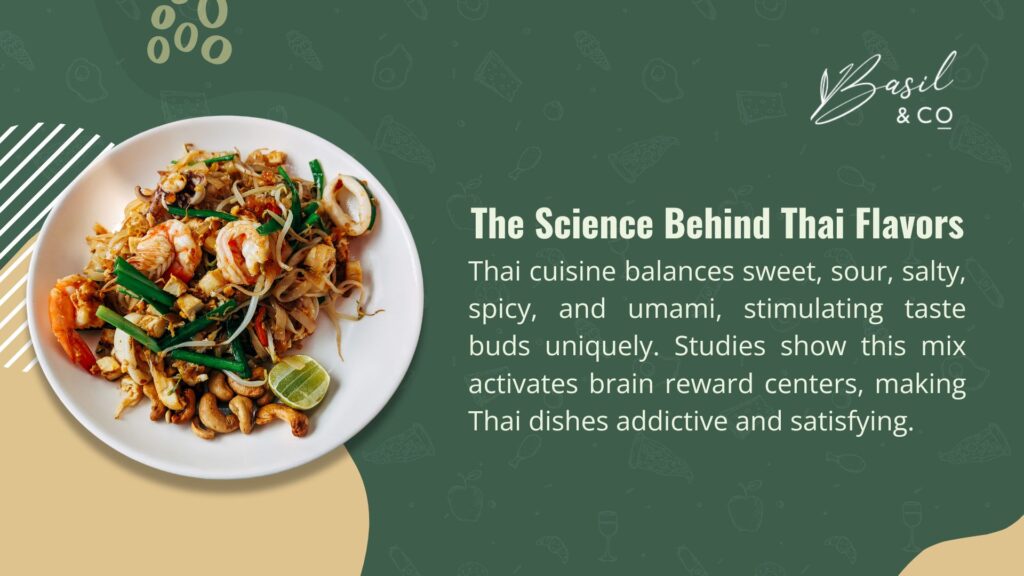 A colorful Thai dish with shrimp, cashews, and lime on a plate, showcasing a balance of sweet, sour, salty, spicy, and umami flavors.