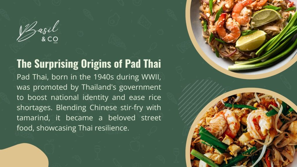 A colorful image featuring Pad Thai, a Thai dish with shrimp, noodles, lime, and green onions, promoted by Thailand's government in the 1940s to boost national identity.