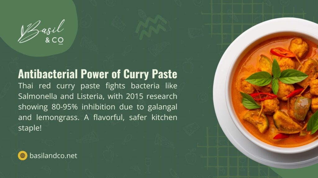 The image shows a bowl of Thai red curry with a vibrant orange hue, garnished with Thai basil and red chilies.
