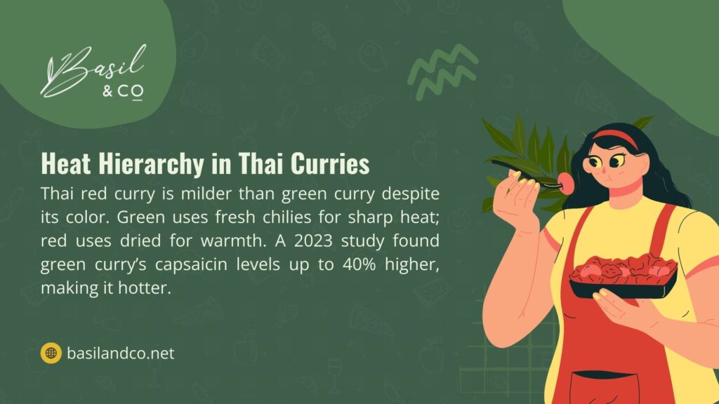 Image from Basil & CO on 'Heat Hierarchy in Thai Curries,' showing a person with chilies, noting Thai red curry is milder than green, which uses fresh chilies with 40% higher capsaicin, per a 2023 study.