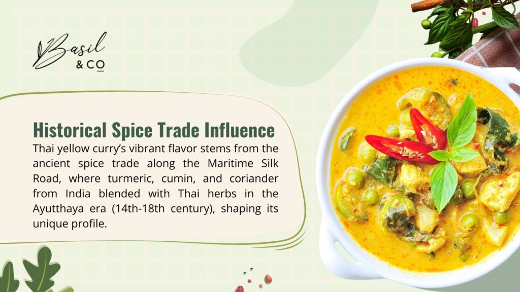 A bowl of vibrant Thai yellow curry with chicken, peas, and chilies, garnished with basil, served with a background text on its historical spice trade influence from the Maritime Silk Road. thai recipe