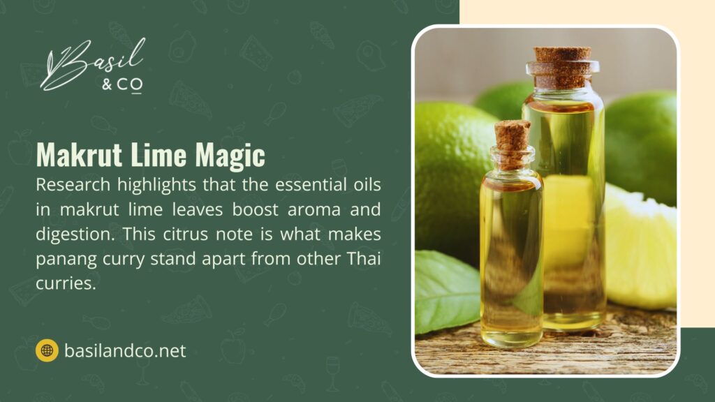 An image featuring makrut lime essential oil bottles with green limes and leaves, promoting its use in panang curry for aroma and digestion, from basilandco.net.