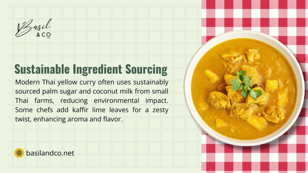A bowl of Thai yellow curry with chicken and potatoes, garnished with cilantro, on a red checkered background, with text on sustainable sourcing of palm sugar, coconut milk, and kaffir lime leaves from Thai farms. - thai yellow curry recipe
