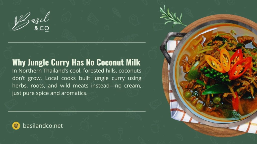 Jungle curry dish from Northern Thailand, featuring spicy broth with wild meats, herbs, and peppers, served in a metal pot on a wooden board, no coconut milk.